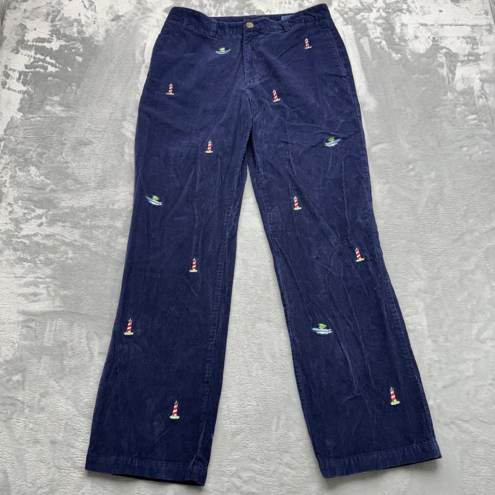 Vineyard Vines Club Pant Mens 37x32 Blue Corduroy Lighthouse Boat Embroidered